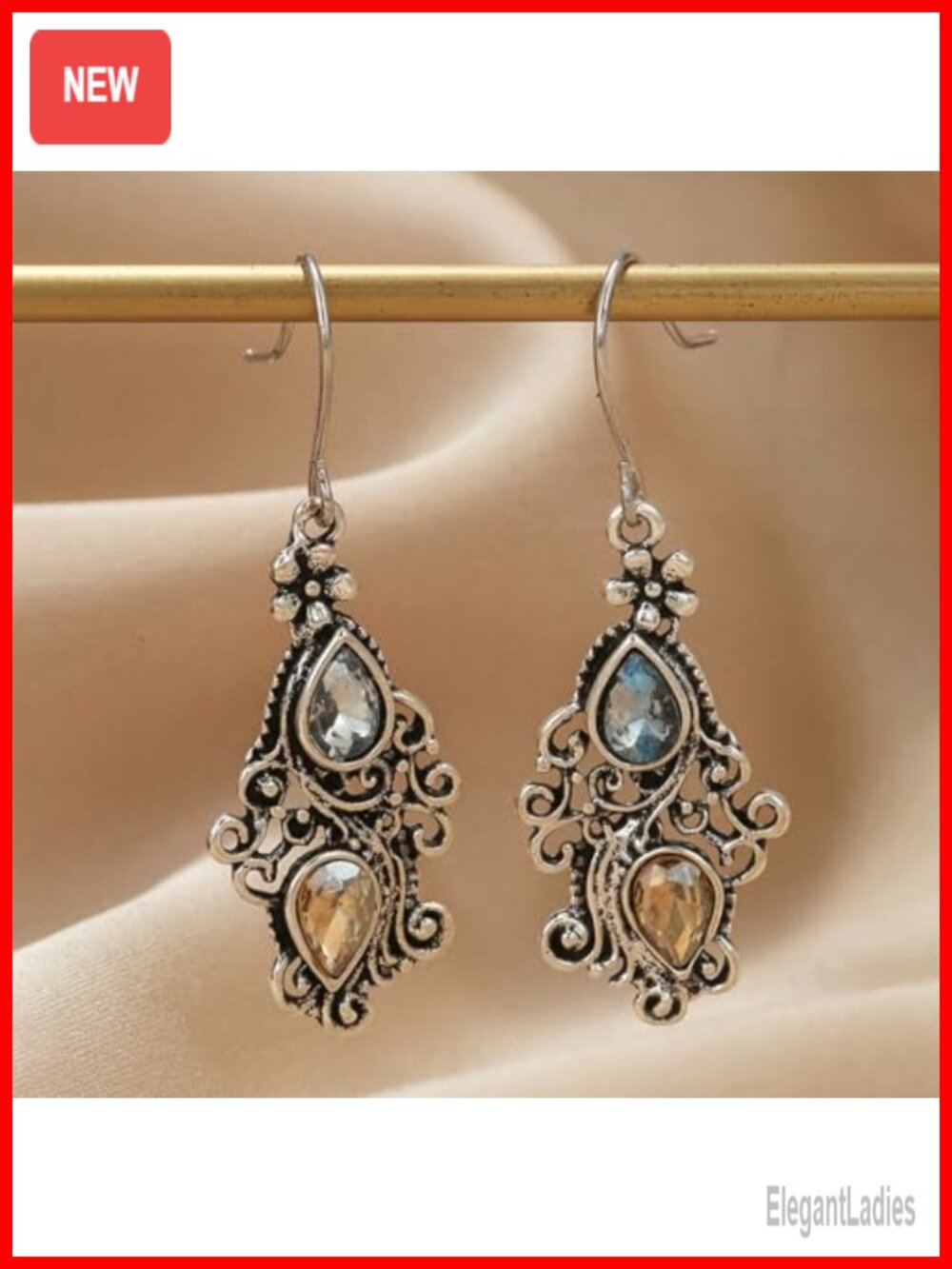 Silver Openwork Teardrop Dangle Earrings Crystal Floral Hook Women's Jewelry